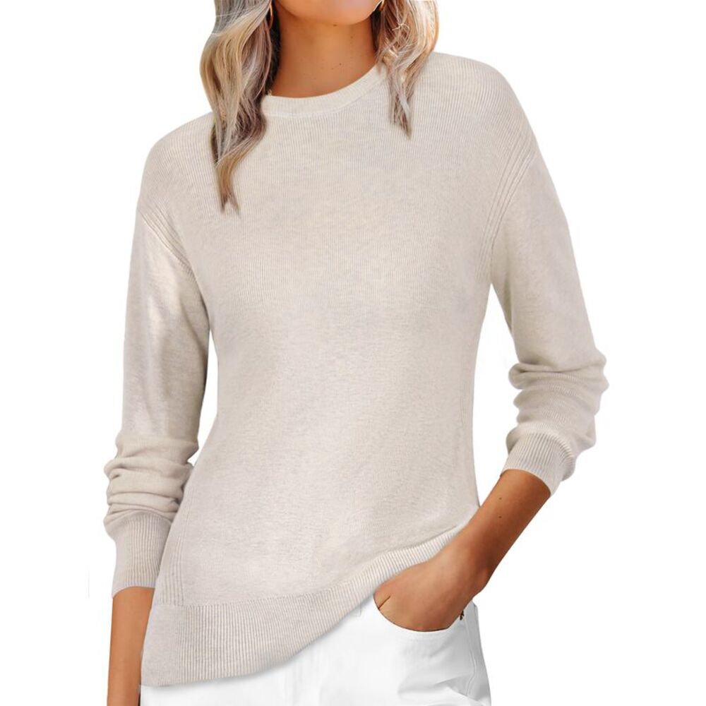 Women Casual Ribbed Knit Crew Neck Long Sleeve Pullover Sweaters Apricot